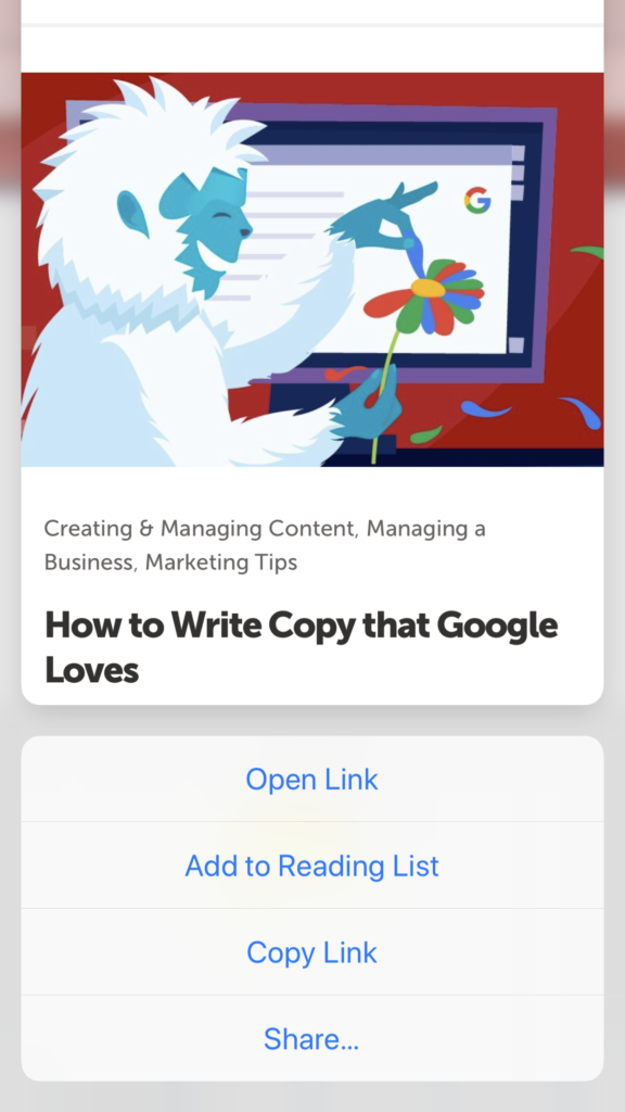 open link, add to reading list, copy link, or share from link preview mode